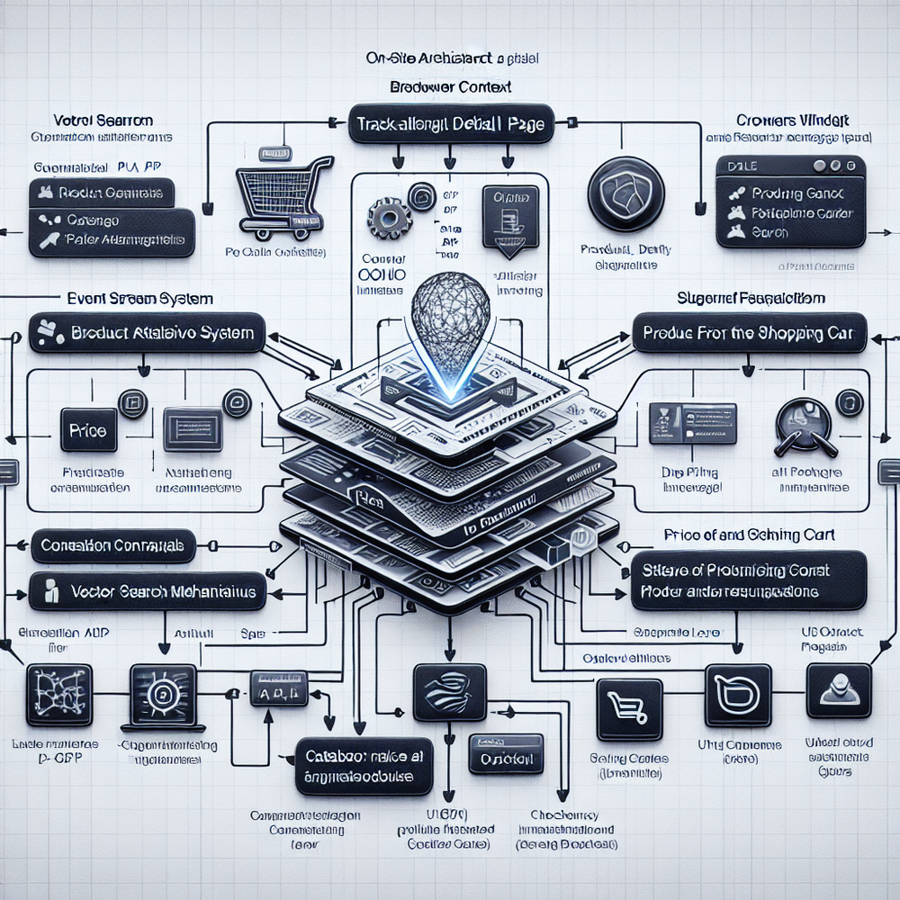 On-site AI assistant architecture showing context, data sources, and checkout integration.