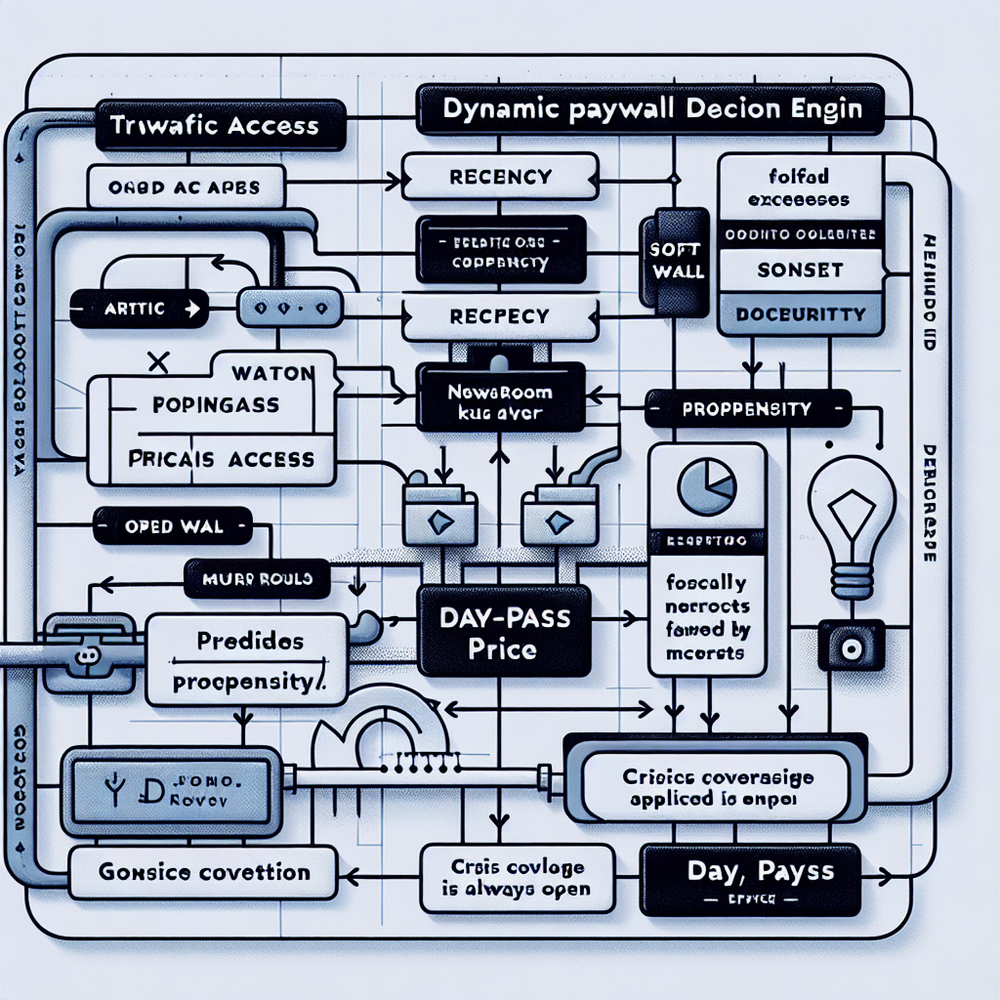 Decision flow for a dynamic paywall with inputs, model, policy layer, and outputs mapped to wall states and pricing.