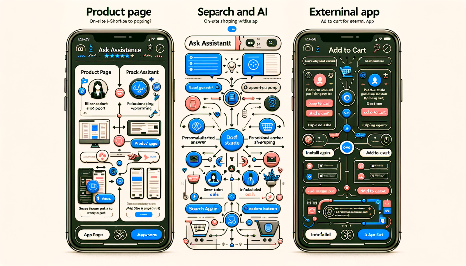 Side-by-side UX flow showing on-site widget vs external app with friction points labeled.