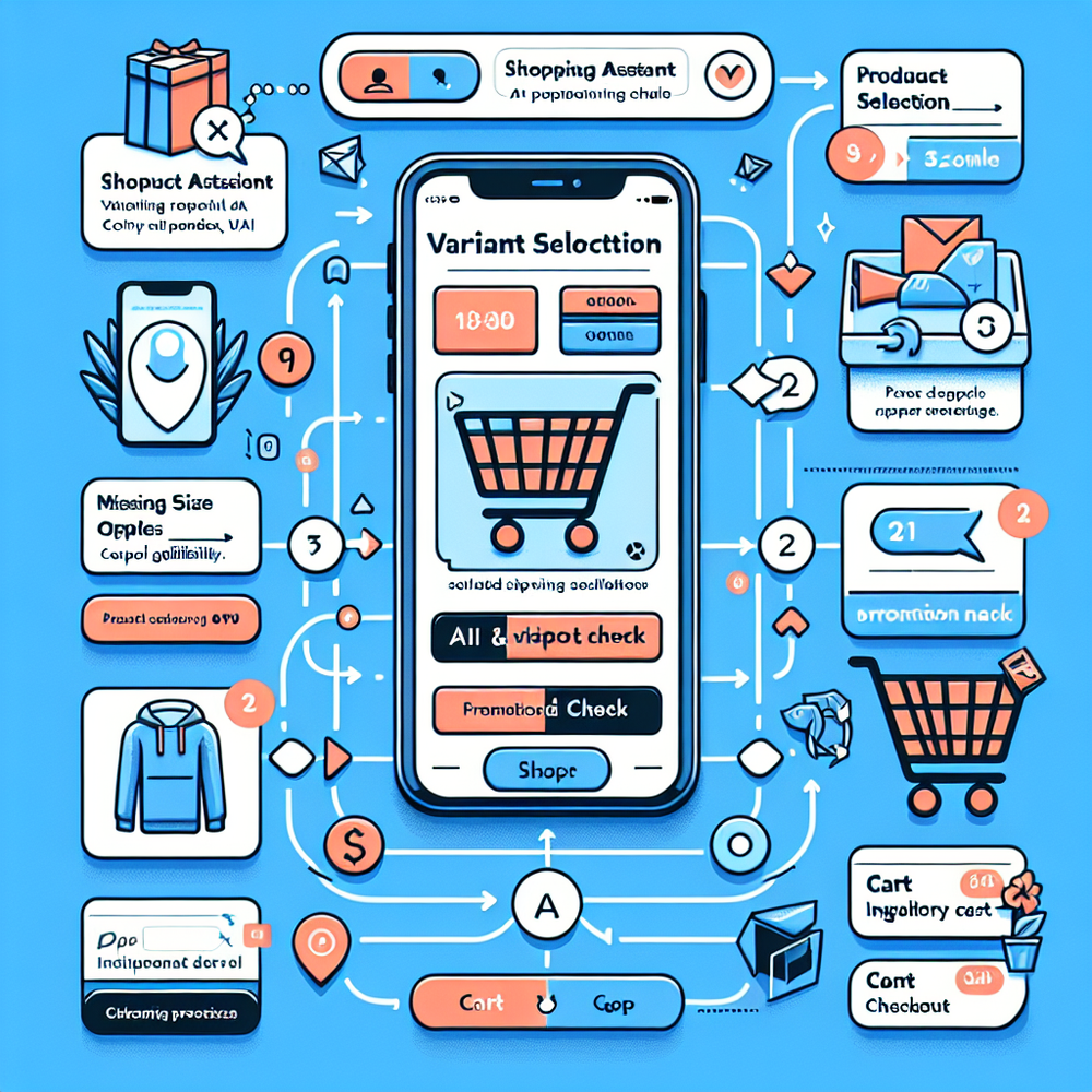 Annotated journey map from AI chat to variant-validated cart and streamlined checkout.