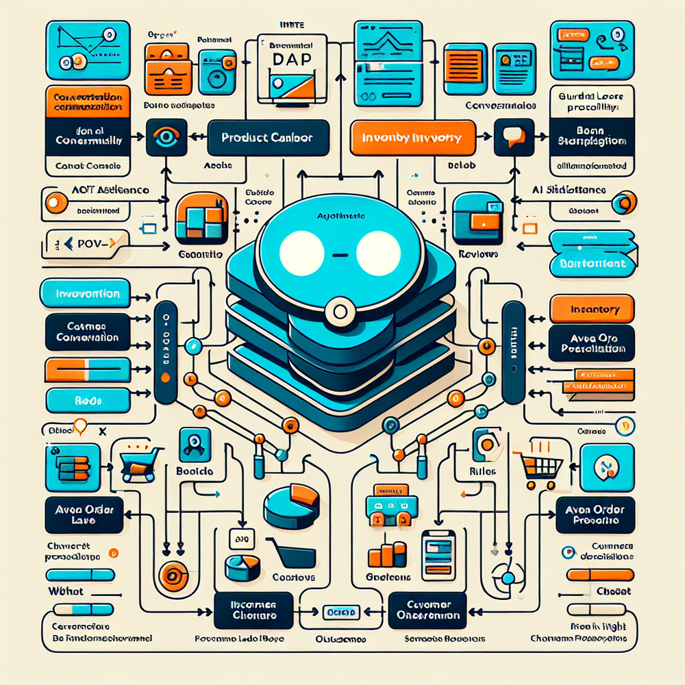 Architecture of a conversational commerce system with catalog, policies, assistant, and in-chat checkout connected across channels.