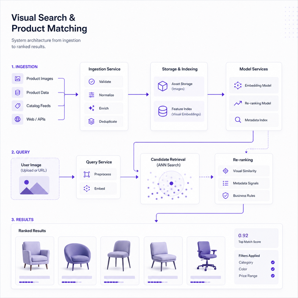System architecture for visual search and product matching from ingestion to ranked results.