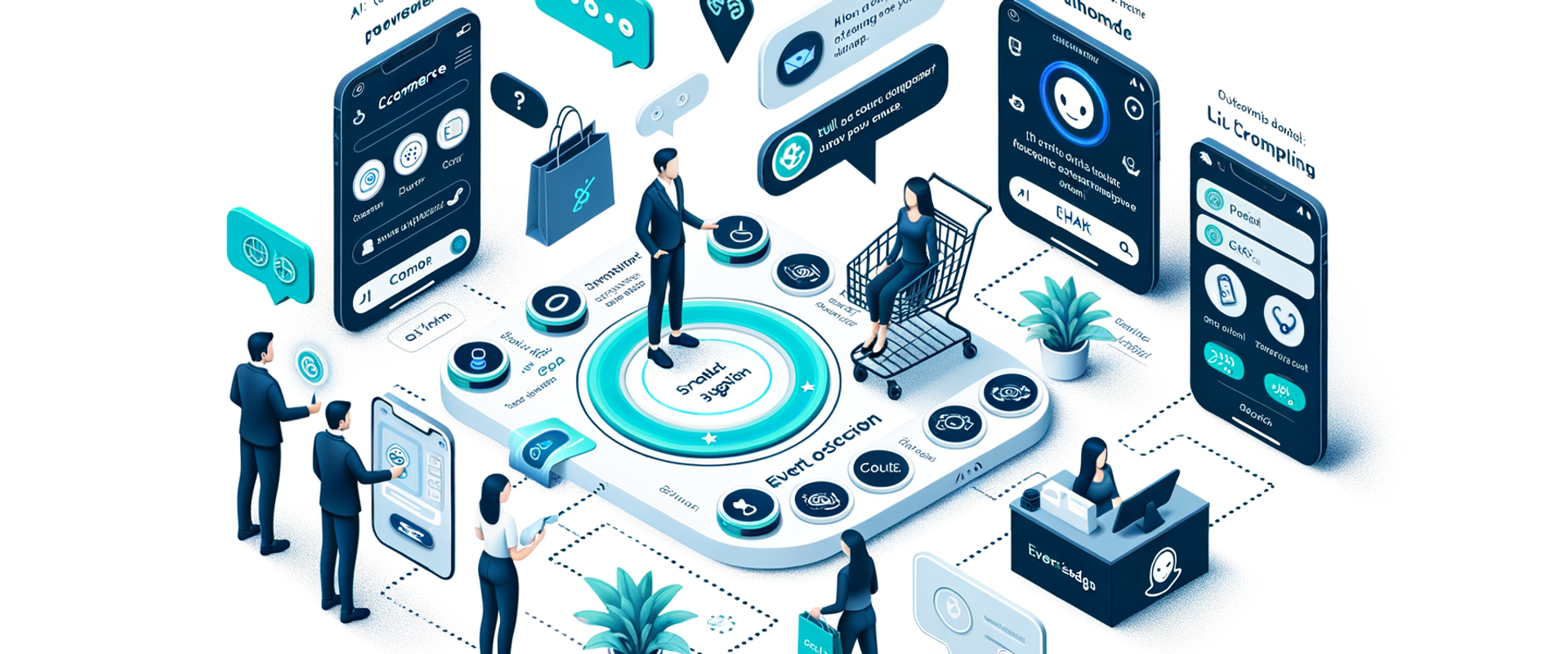 Isometric diagram showing AI chat touchpoints assisting a purchase path.