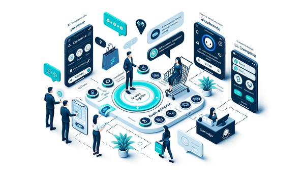 Isometric diagram showing AI chat touchpoints assisting a purchase path.