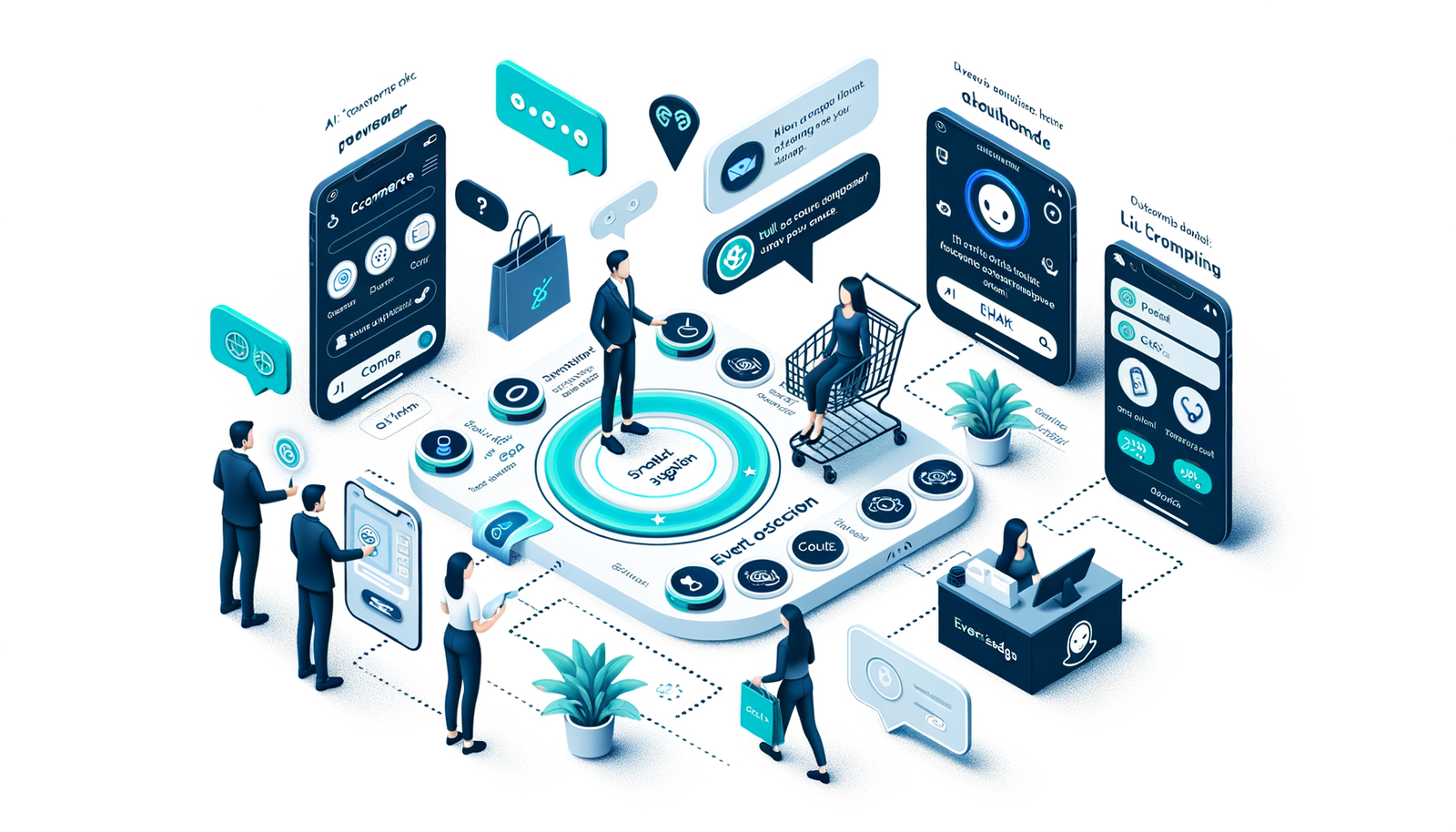 Isometric diagram showing AI chat touchpoints assisting a purchase path.