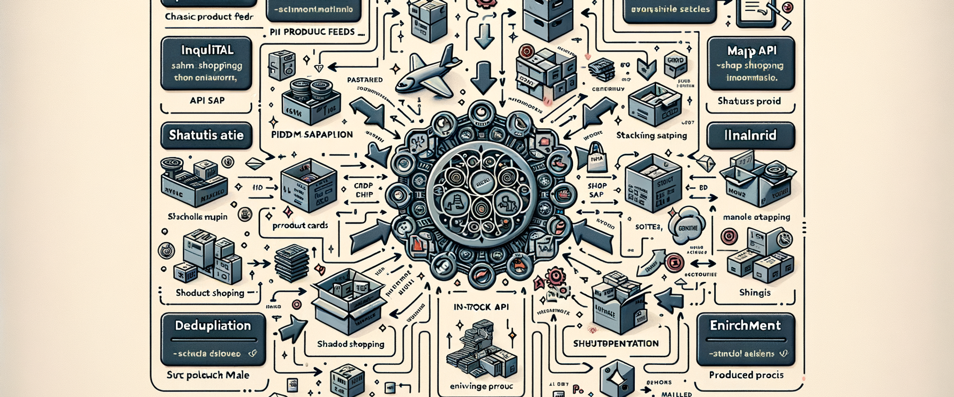 Diagram of messy ecommerce data flowing through normalization, deduplication, and verification into a reliable AI shopping UI.