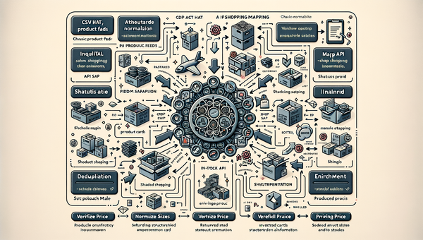 Diagram of messy ecommerce data flowing through normalization, deduplication, and verification into a reliable AI shopping UI.
