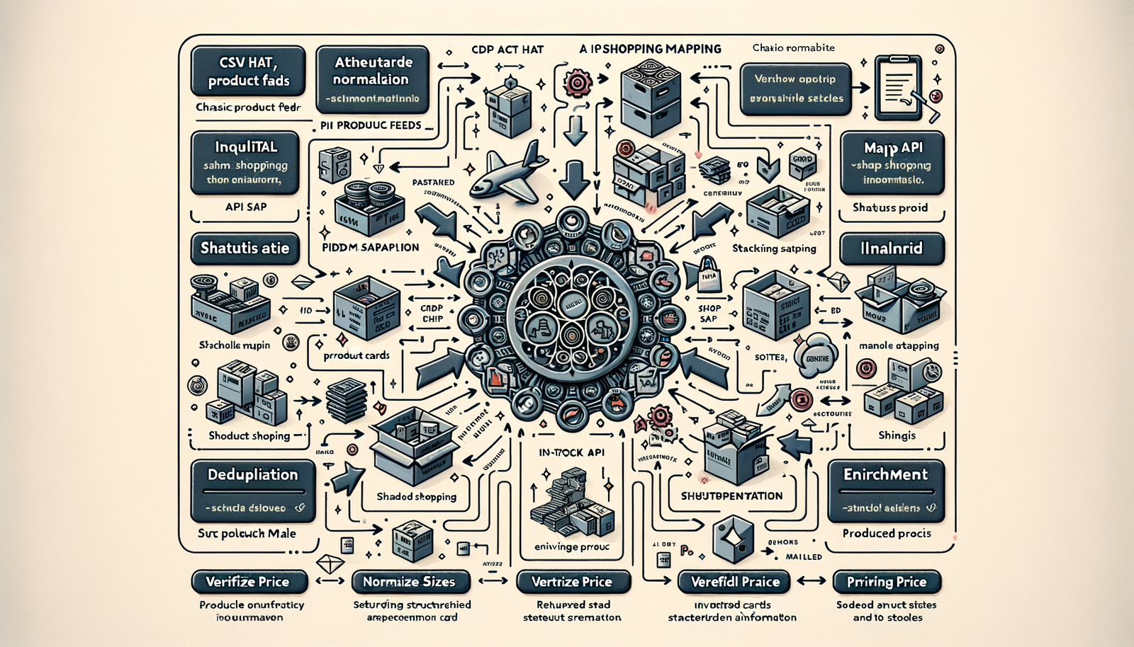 Diagram of messy ecommerce data flowing through normalization, deduplication, and verification into a reliable AI shopping UI.