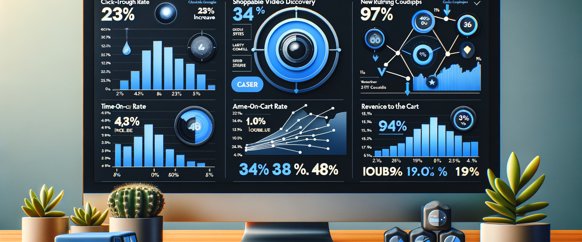 Analytics dashboard mockup comparing shoppable video discovery vs control, highlighting CTR, add-to-cart, time-on-page, and funnel steps.