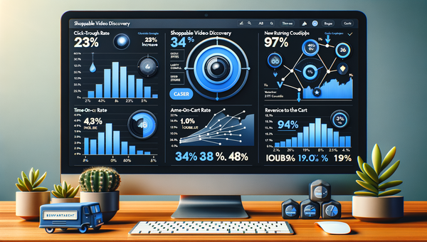Analytics dashboard mockup comparing shoppable video discovery vs control, highlighting CTR, add-to-cart, time-on-page, and funnel steps.