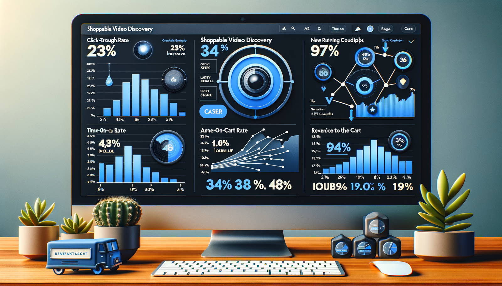 Analytics dashboard mockup comparing shoppable video discovery vs control, highlighting CTR, add-to-cart, time-on-page, and funnel steps.