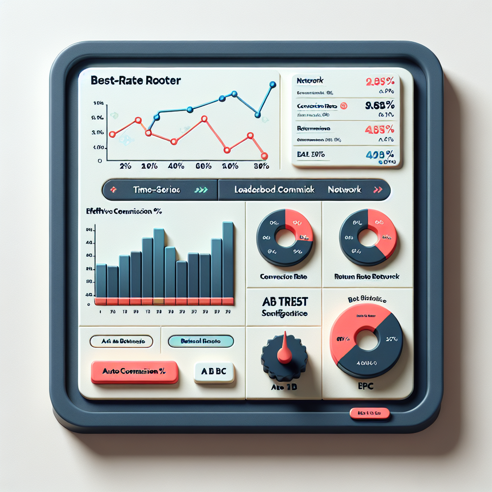 Dashboard view comparing networks by effective commission, conversion rate, and EPC with an Auto/Manual toggle.