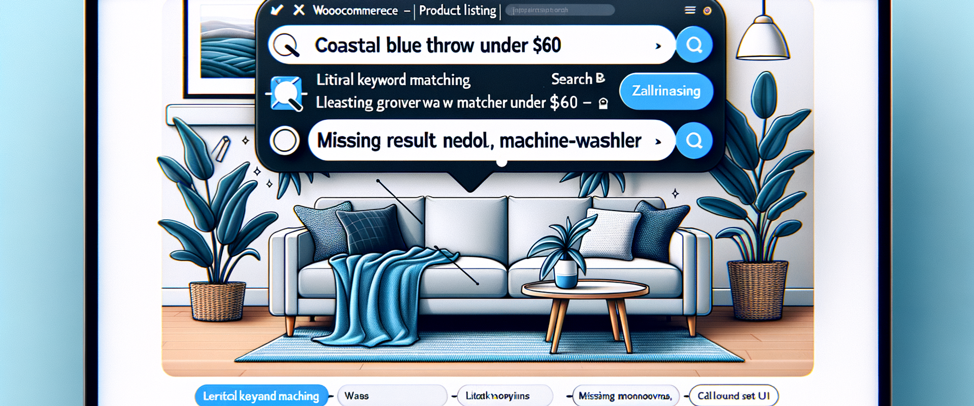 Annotated WooCommerce search mock illustrating language mismatch and zero results.