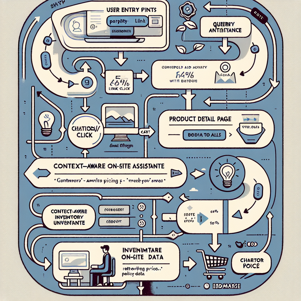 User journey from external assistants to an on‑site assistant, then to product and checkout.