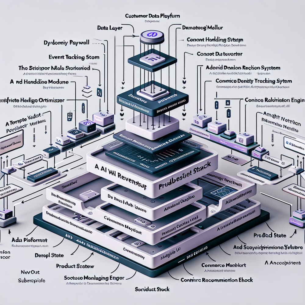 AI-driven revenue stack for a digital publisher showing data, models, CMS, ads, subscriptions, and analytics integrations.