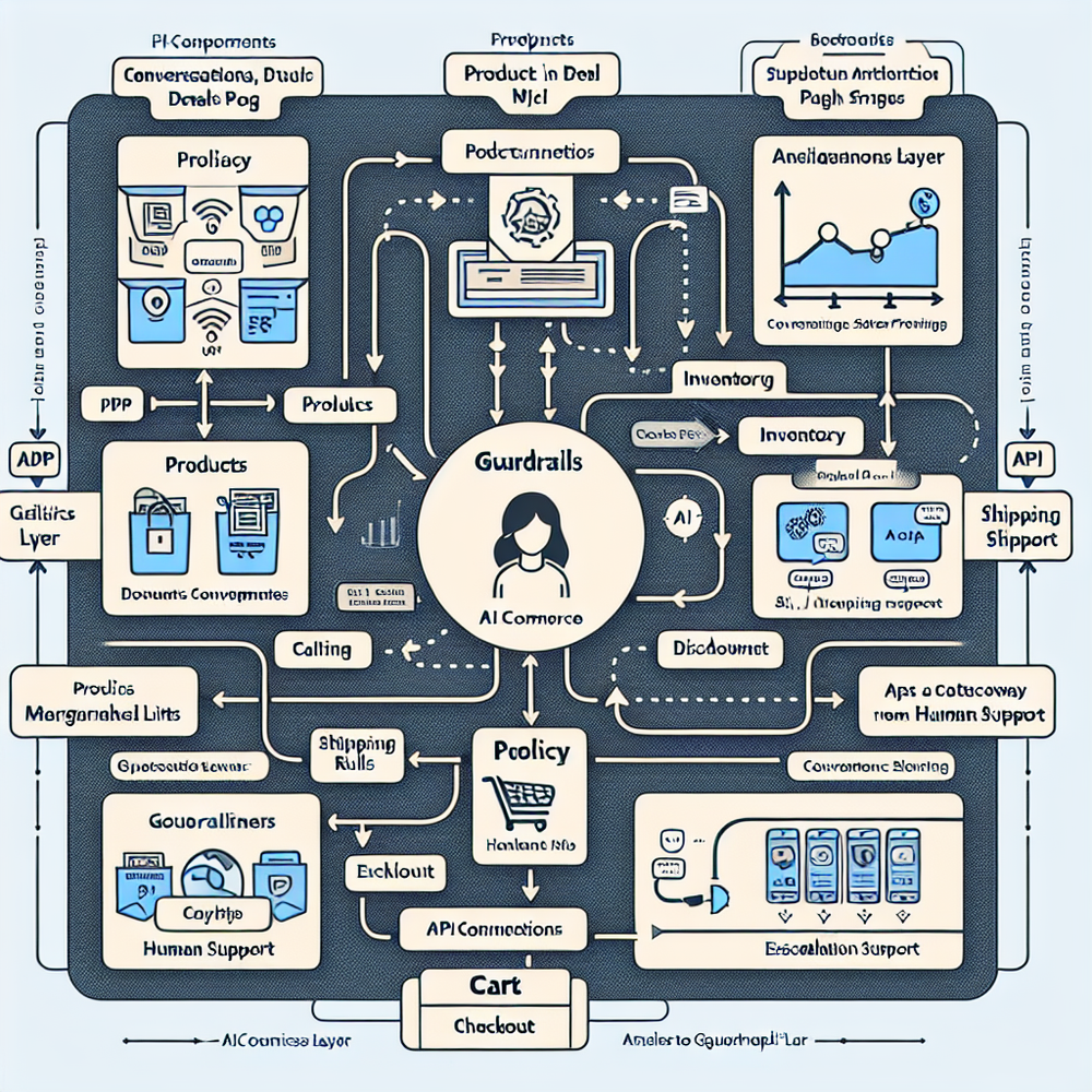 Architecture diagram: Shopify + Brambles Commerce Module powering an agent that reads catalog, pricing, and inventory to build carts with guardrails.