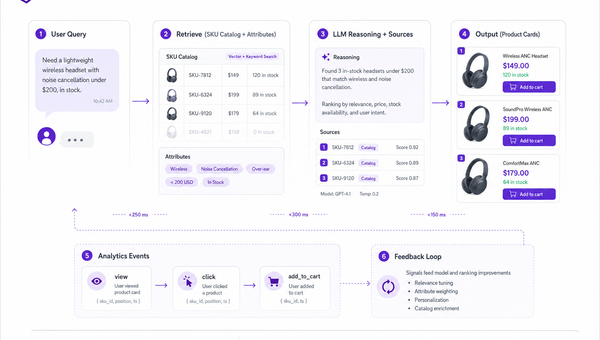 Diagram of an AI shopping assistant flow from query to product cards, with citations and analytics.