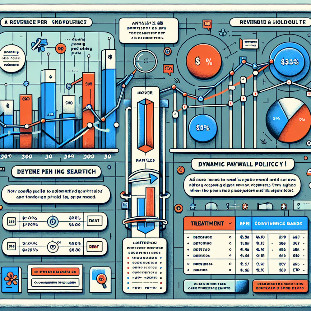 A/B testing dashboard comparing RPS, RPM, conversions, and EPC with annotated policy changes.