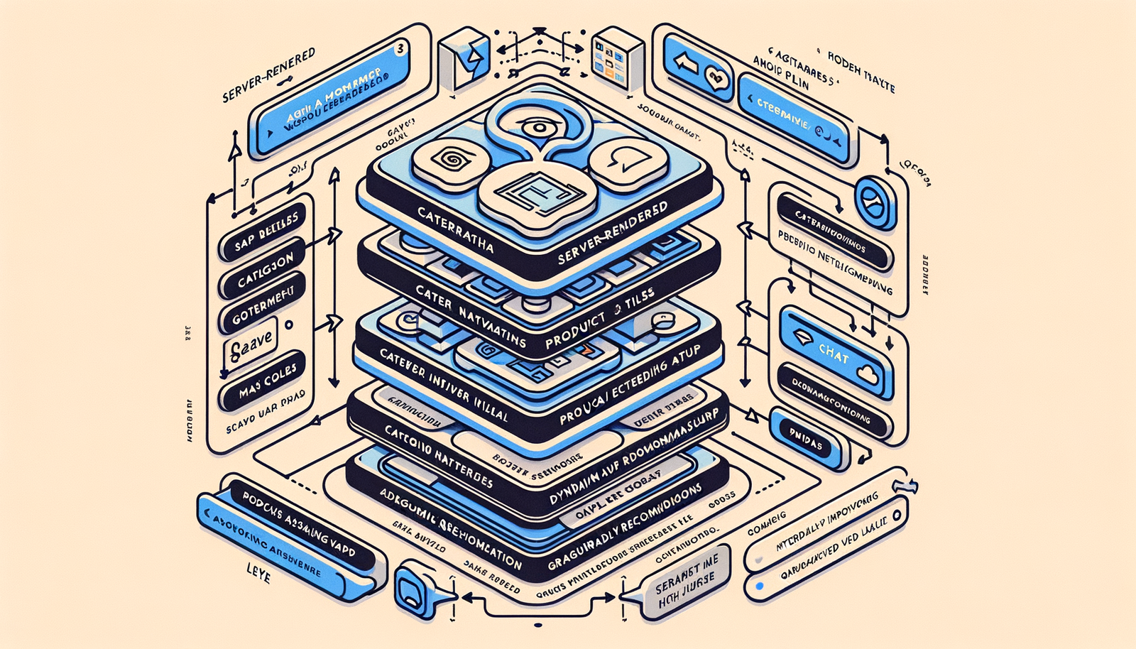 Architecture diagram showing server-rendered SEO foundation with a progressively enhanced agentic assistant overlay.
