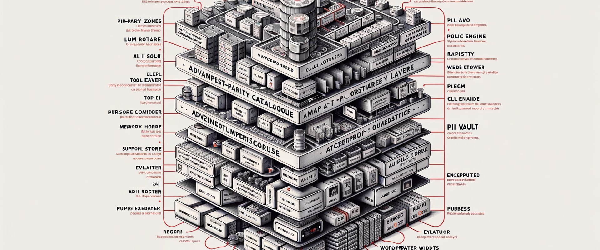 Enterprise agentic retail architecture with policy engine, tool registry, and PII boundary lines.
