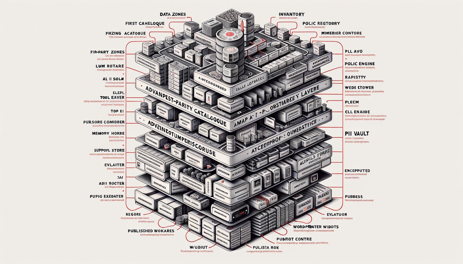 Enterprise agentic retail architecture with policy engine, tool registry, and PII boundary lines.