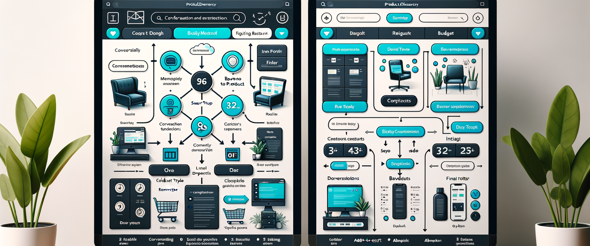 Diagram contrasting search-led filtering with a conversational prompt flow, annotated with drop-off rates and time-to-product improvements.