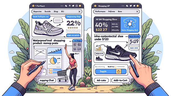 Side-by-side of generic banner vs contextual inline product card in AI chat, with metrics overlays.