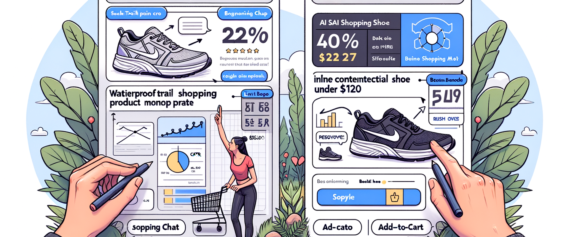 Side-by-side of generic banner vs contextual inline product card in AI chat, with metrics overlays.