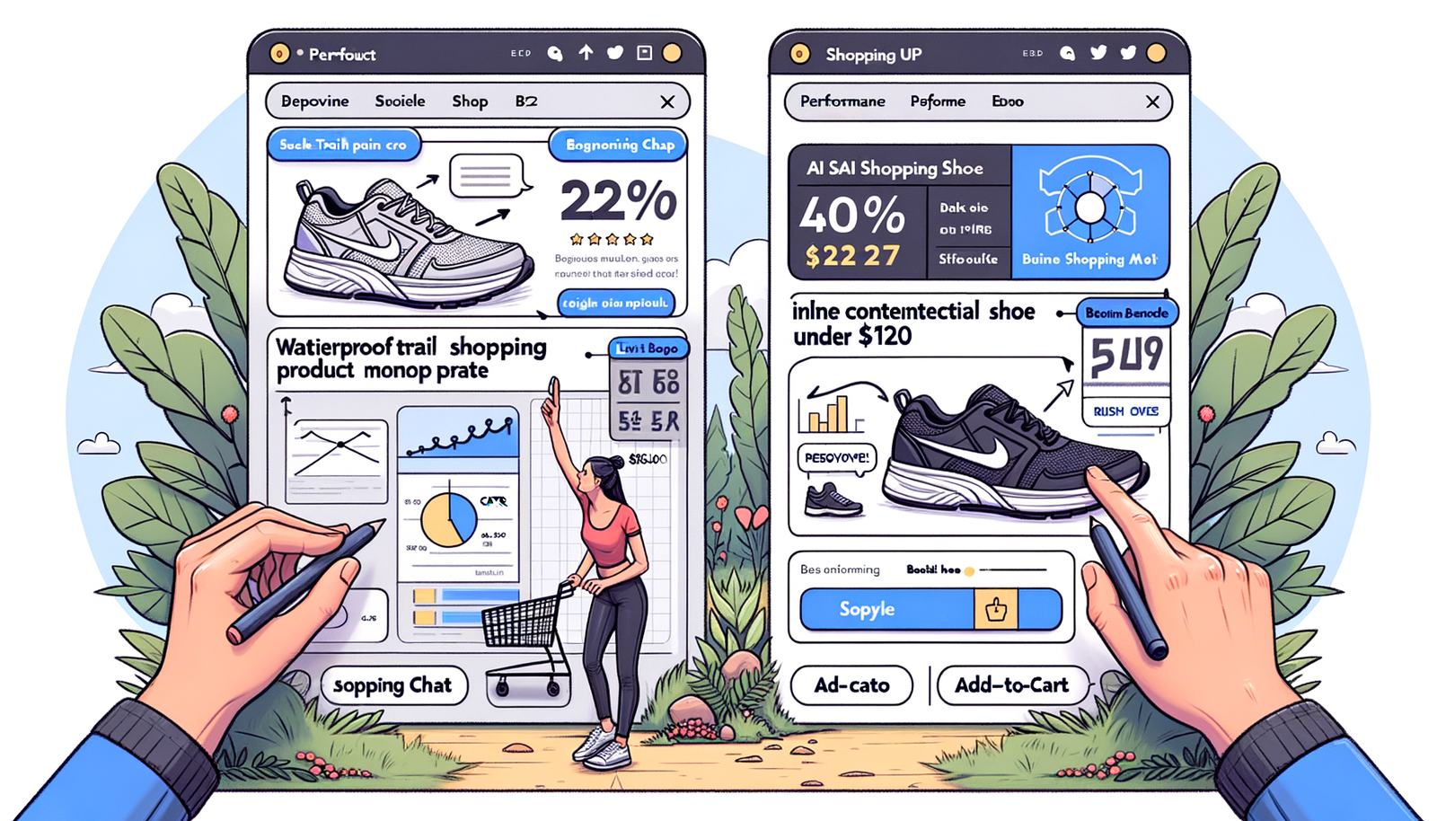 Side-by-side of generic banner vs contextual inline product card in AI chat, with metrics overlays.