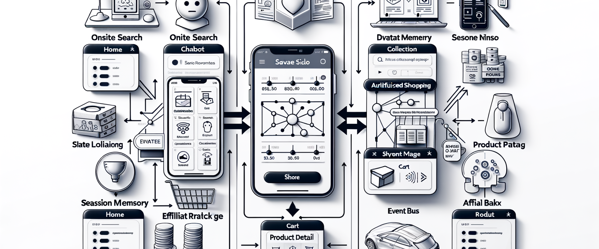 Diagram comparing fragmented point tools versus a unified AI shopping system with shared memory and events.