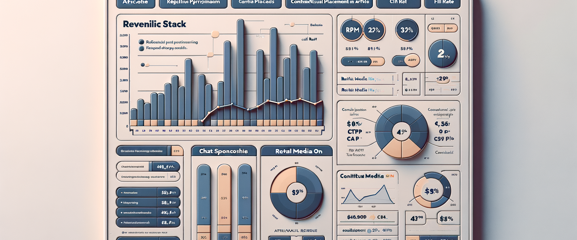 Publisher revenue dashboard comparing affiliate CPA vs retail media CPC with RPM and CTR metrics.