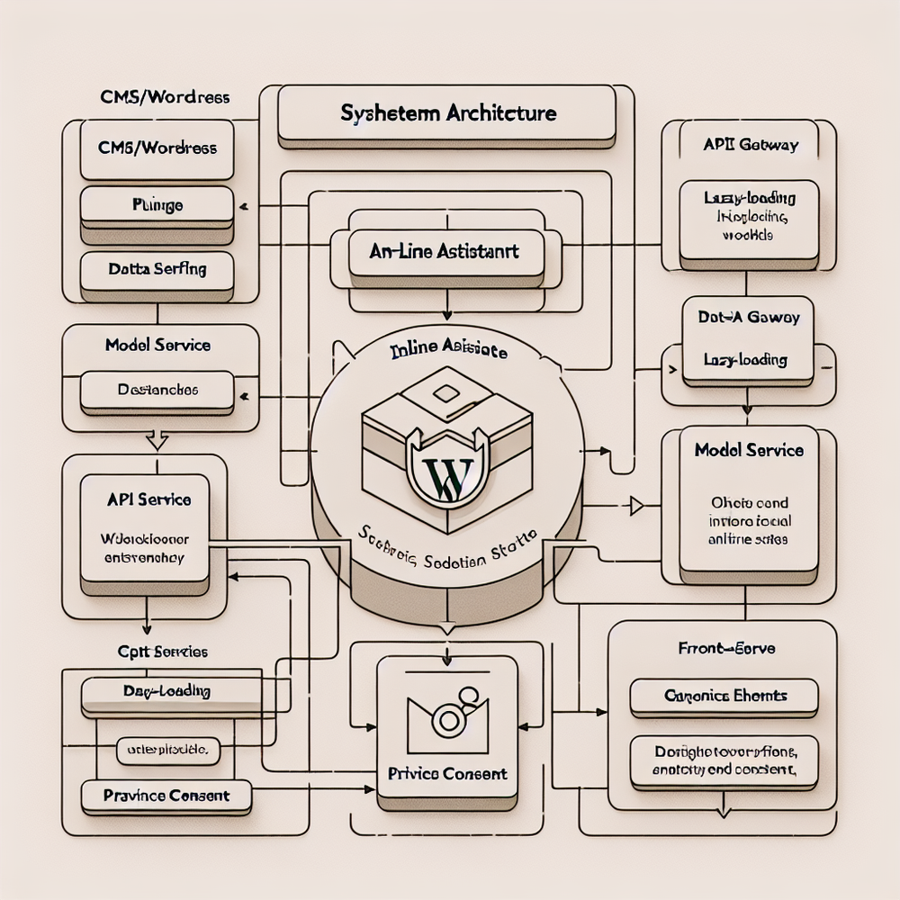 Architecture: CMS to plugin to model service, returning answers to a lazy-loaded container with analytics and privacy layers.