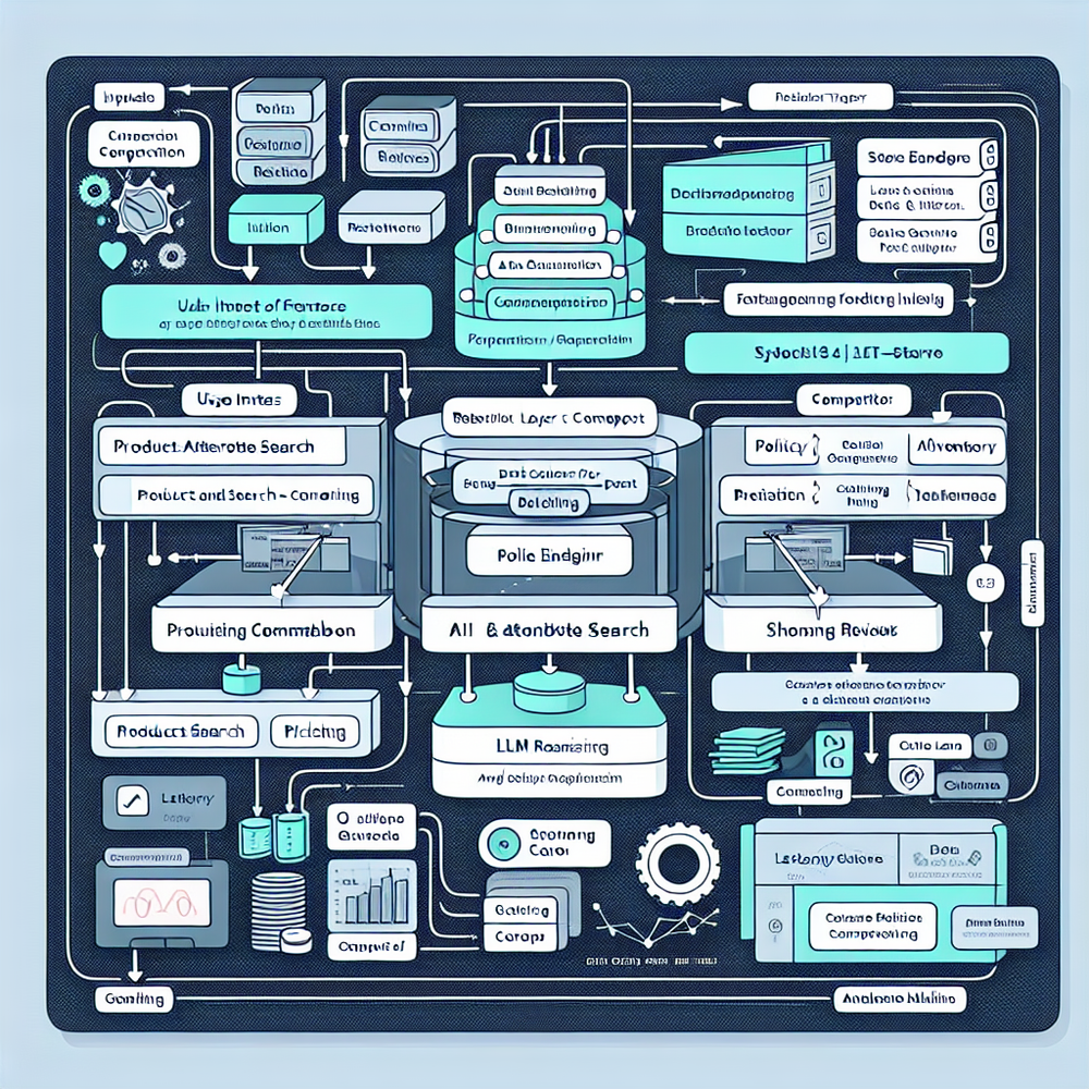 Architecture of a grounded, policy-safe AI shopping agent with clear data flows and latency budgets.
