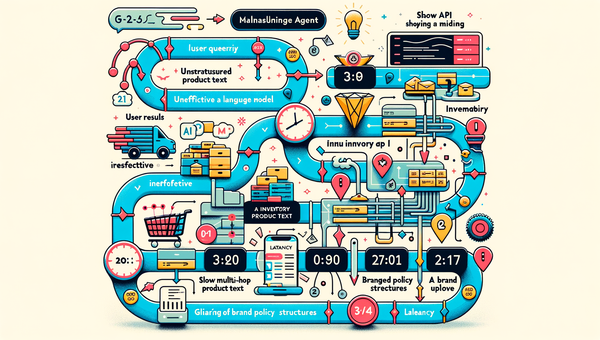 Diagram highlighting common failure points in AI shopping agents: weak grounding, no inventory, and high latency.