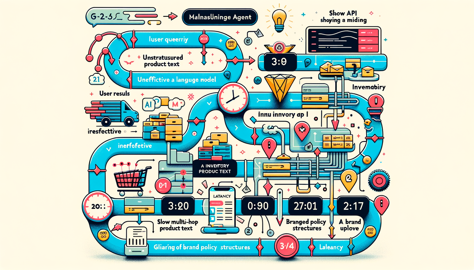 Diagram highlighting common failure points in AI shopping agents: weak grounding, no inventory, and high latency.