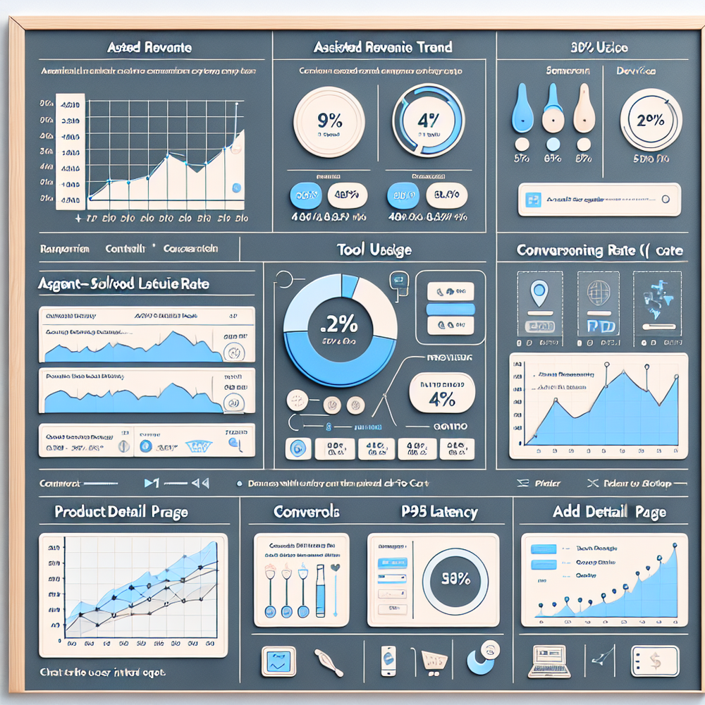 Agentic retail KPI dashboard: assisted revenue, solved rate, tool usage, and latency.