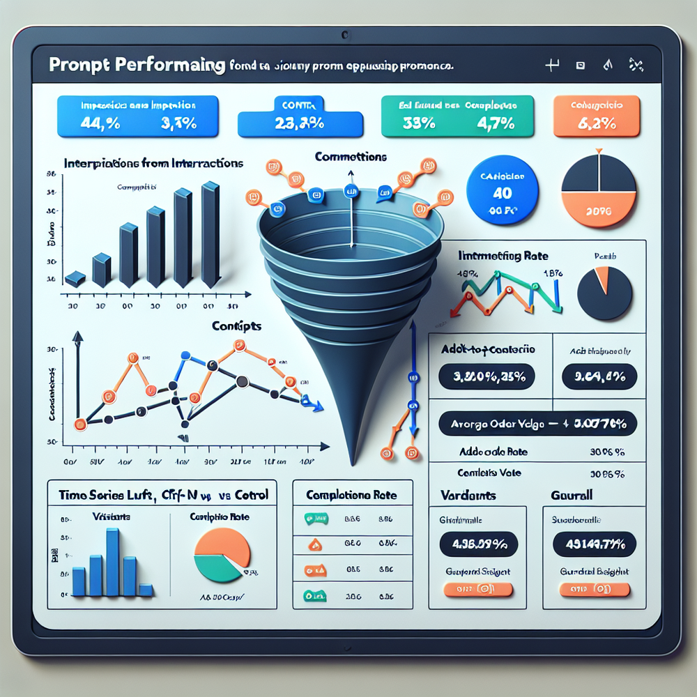 Analytics dashboard showing per-prompt funnel, lift over time, and variant table with KPIs.