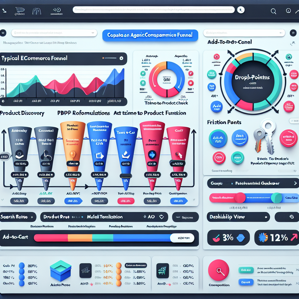 Analytics dashboard comparing traditional vs agentic funnel with drop-off annotations and KPIs.