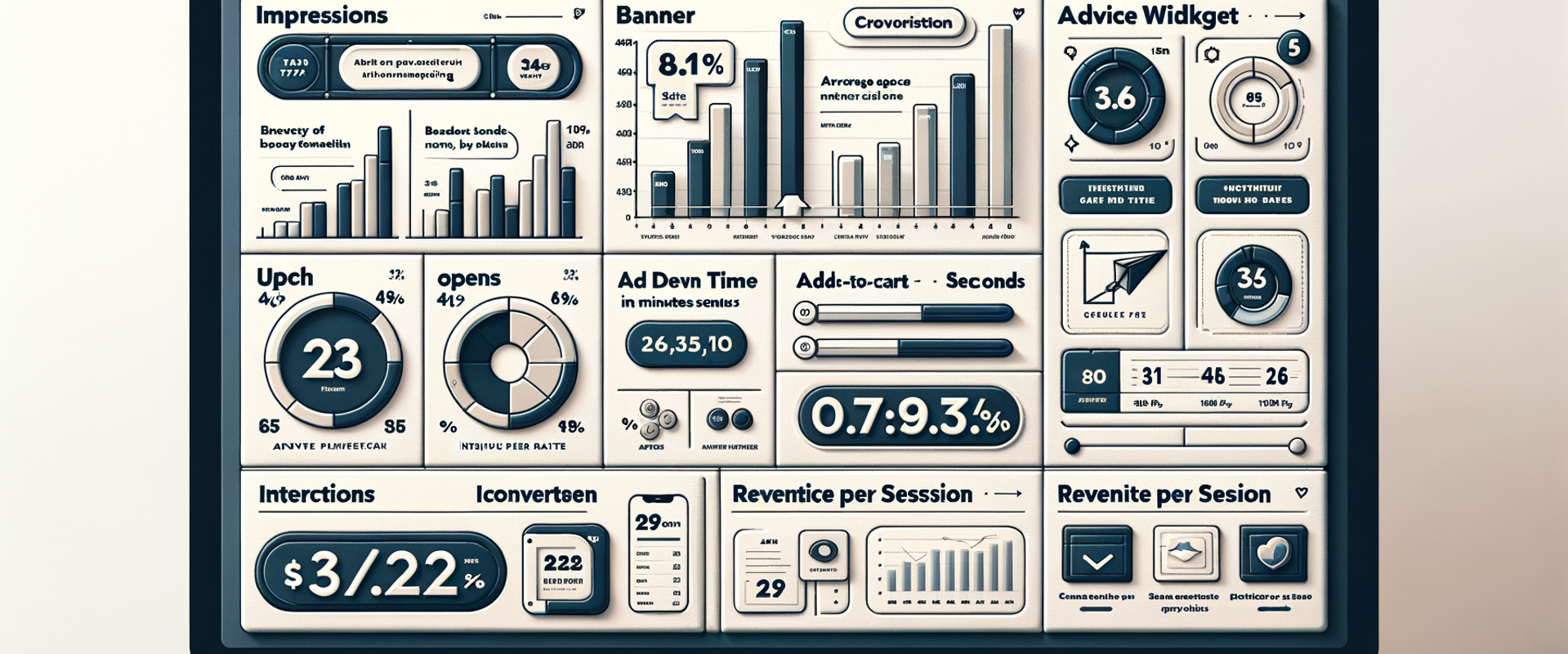 Analytics dashboard comparing impressions vs advisory interactions with revenue per session and return rate.