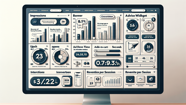 Analytics dashboard comparing impressions vs advisory interactions with revenue per session and return rate.