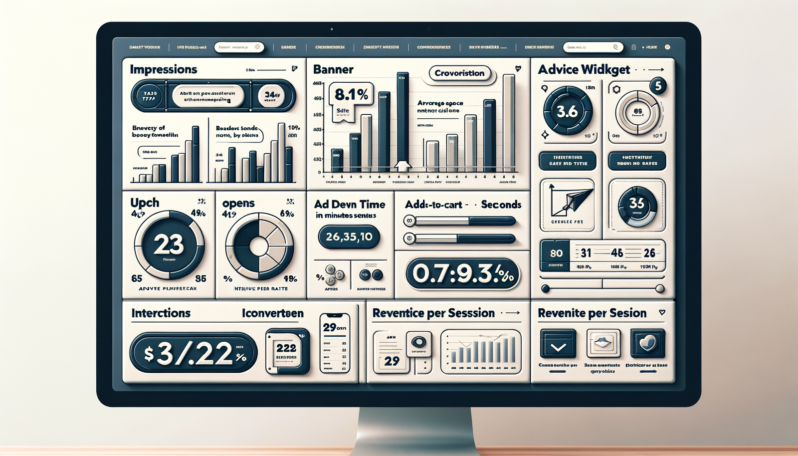 Analytics dashboard comparing impressions vs advisory interactions with revenue per session and return rate.