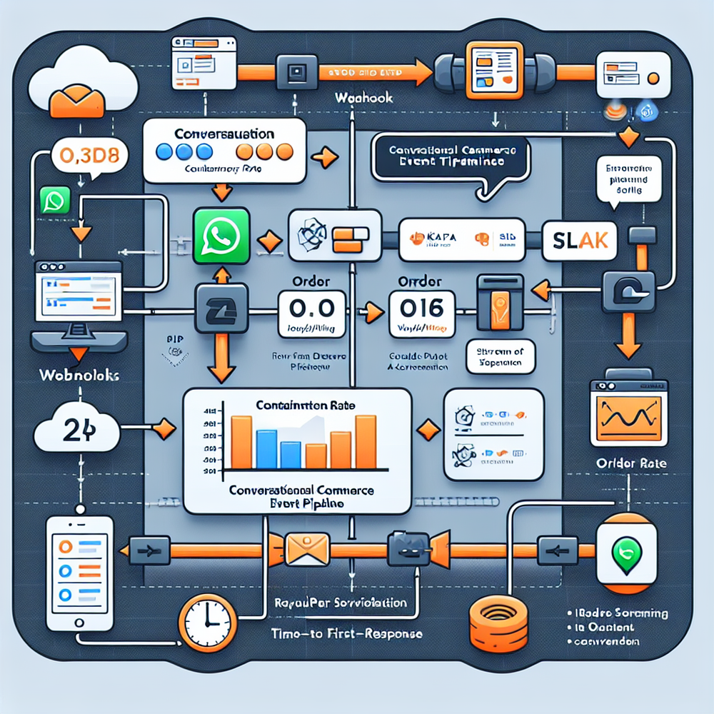 Event pipeline for conversational commerce with IDs and KPIs visualized in a BI dashboard.