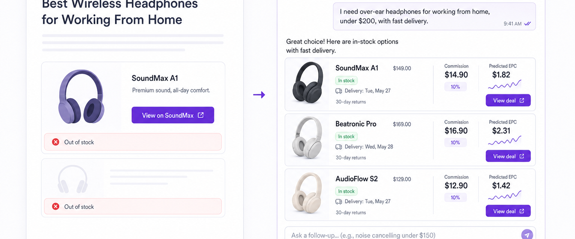 Diagram comparing static linking vs conversational, multi-merchant recommendations