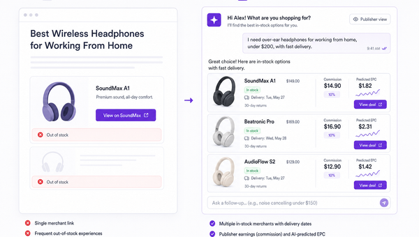 Diagram comparing static linking vs conversational, multi-merchant recommendations