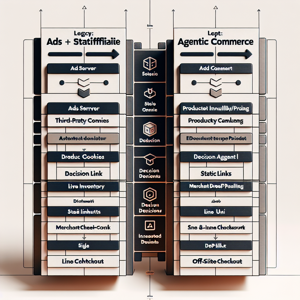 Diagram comparing legacy ad/affiliate stack vs agentic commerce flow, highlighting fewer redirects and assisted decisions.