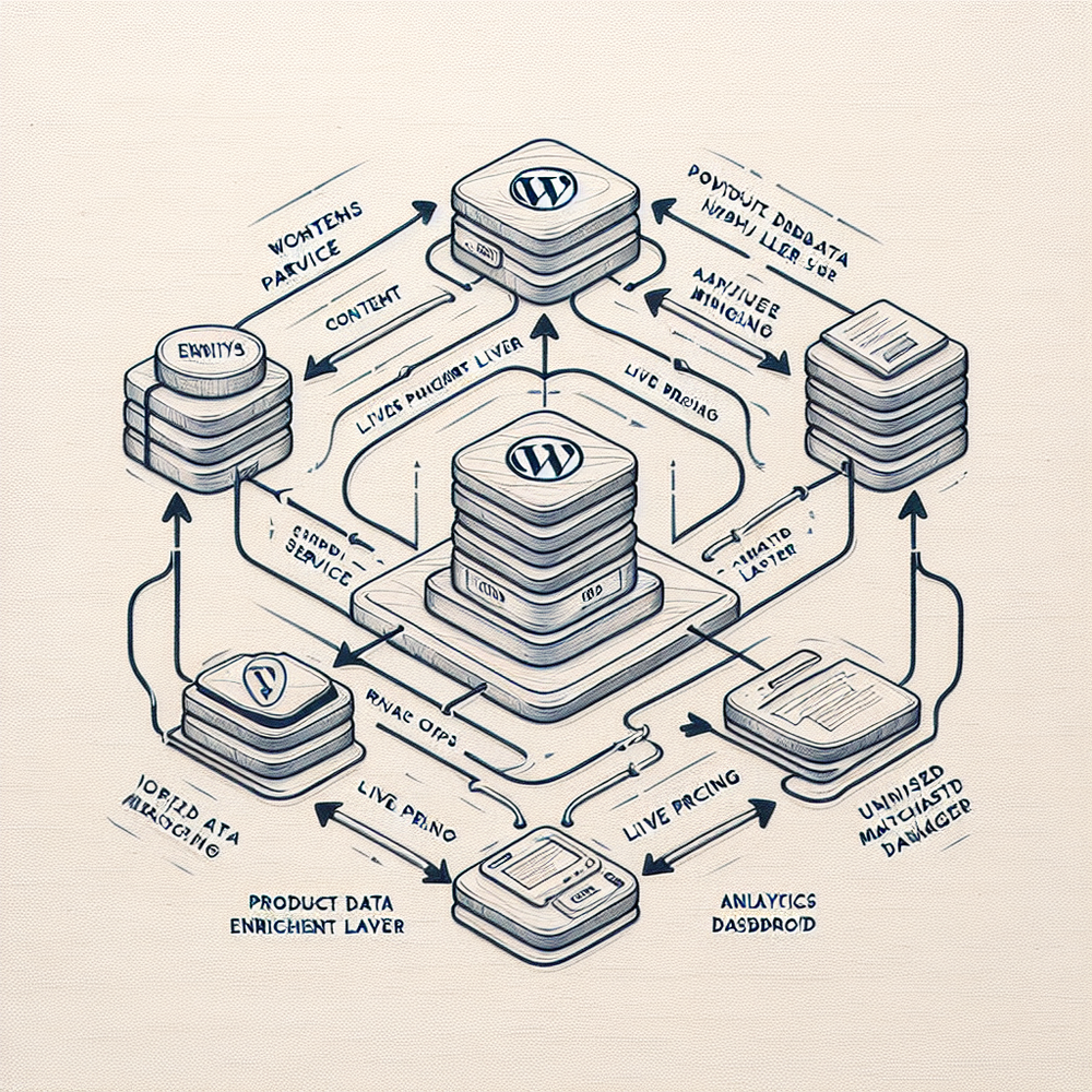 Architecture of content parsing to product enrichment, link management, and analytics dashboard.