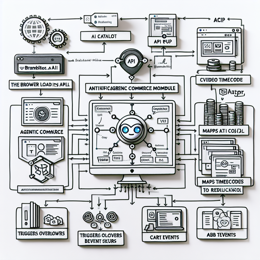 Architecture view of Brambles.ai’s Agentic Commerce Module wiring video timecodes to SKU overlays and cart events.