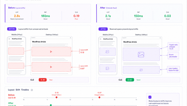 Before/after CLS comparison for WordPress embeds with reserved aspect-ratio space