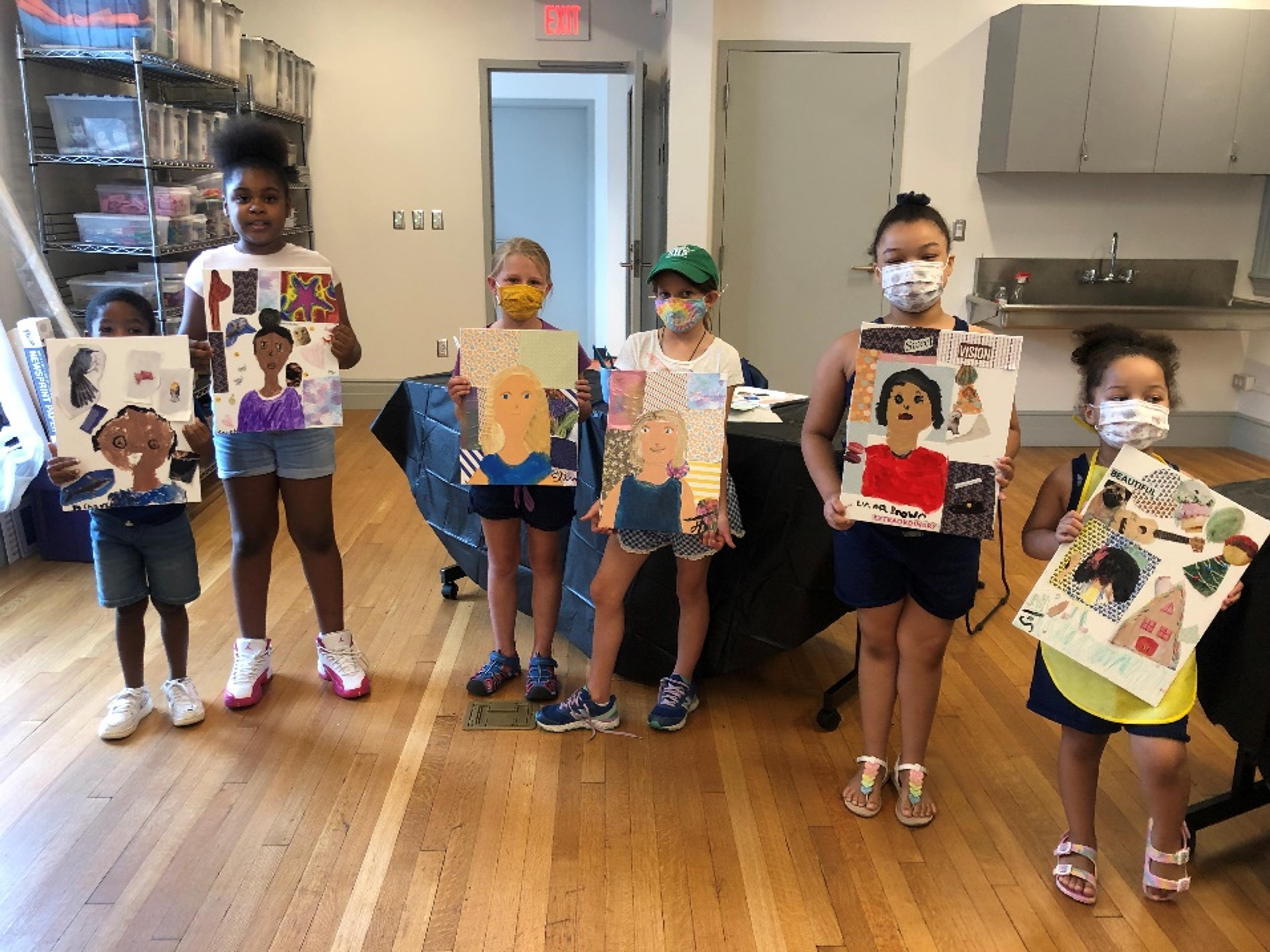 Participants display their self-portraits as part of the Exploring the Self workshops. Courtesy of the Mattatuck Museum, 2021.