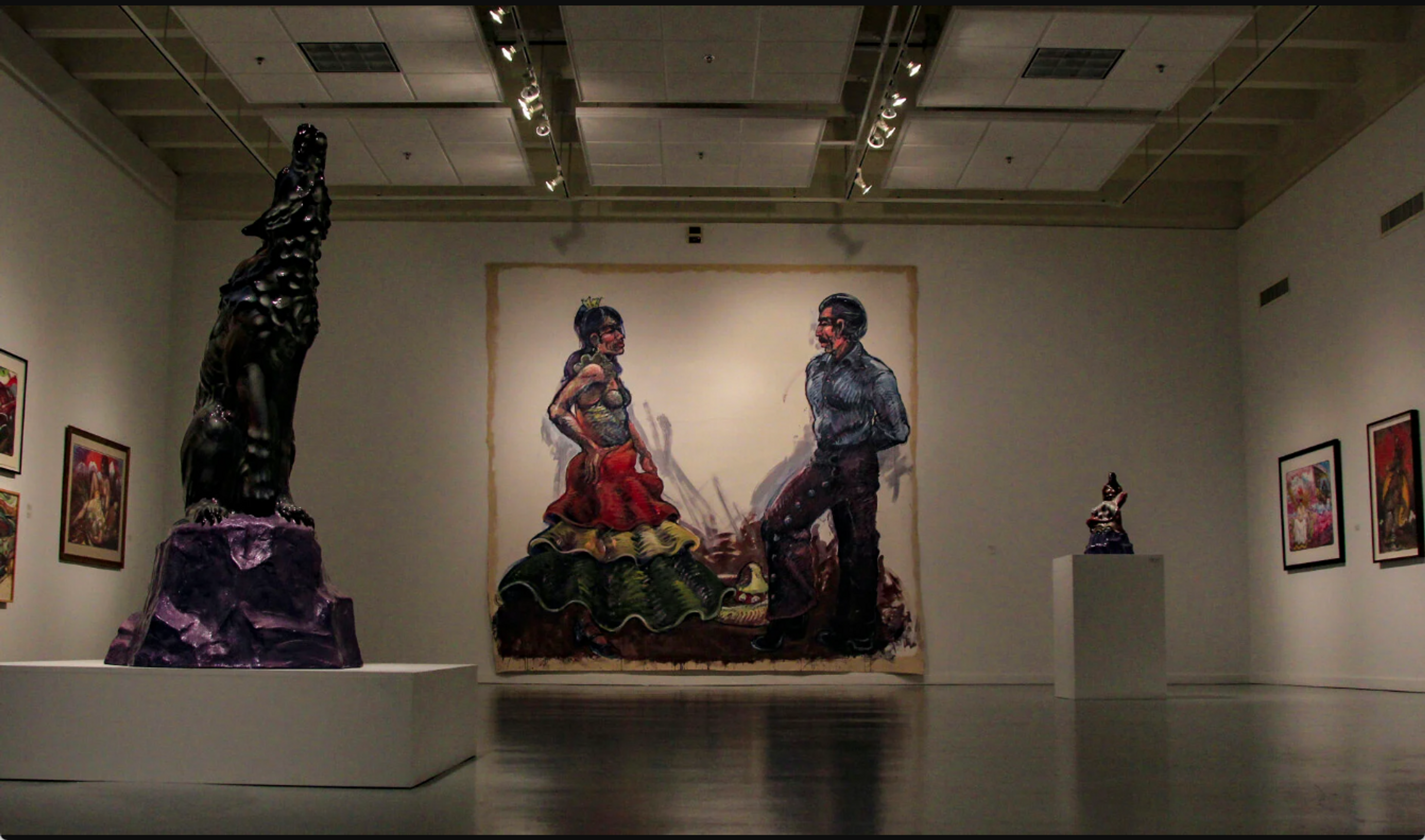 Sculptures, paintings and sketches sit on display at the “Life and Death: Luis Jiménez” gallery Jan. 23 at The Gallery at UTA. The art was co-curated by Benito Huerta and Christina Rees.